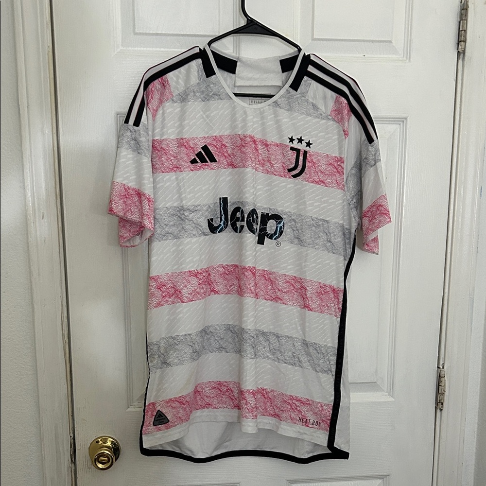 adidas White and Pink Striped Short Sleeve Tee